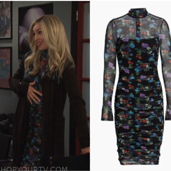 ALICE + OLIVIA DELORA FLORAL RUCHED STRETCH MESH BODY-CON BLACK DRESS sz 4 - Picture 1 of 11